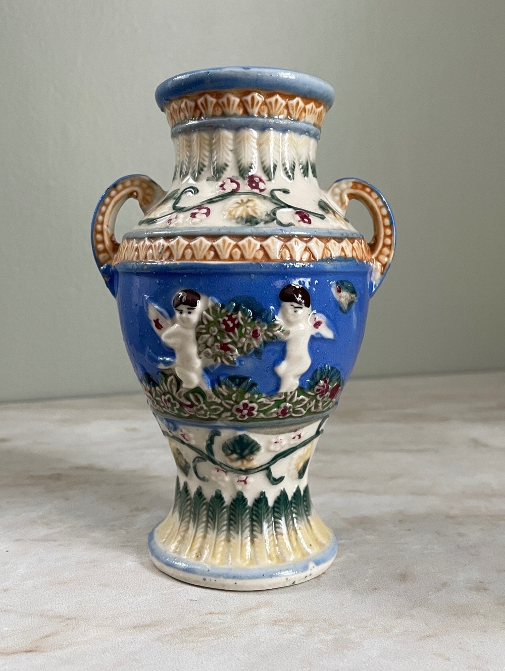 Vintage Japanese Majolica Cherub Urn Vase | Grandmillennial Decor